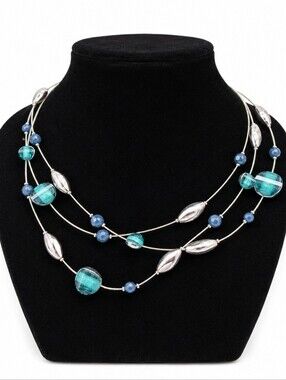 Blue Green Multi Strand Beaded Necklace Silver Tone Layered Statement Jewelry